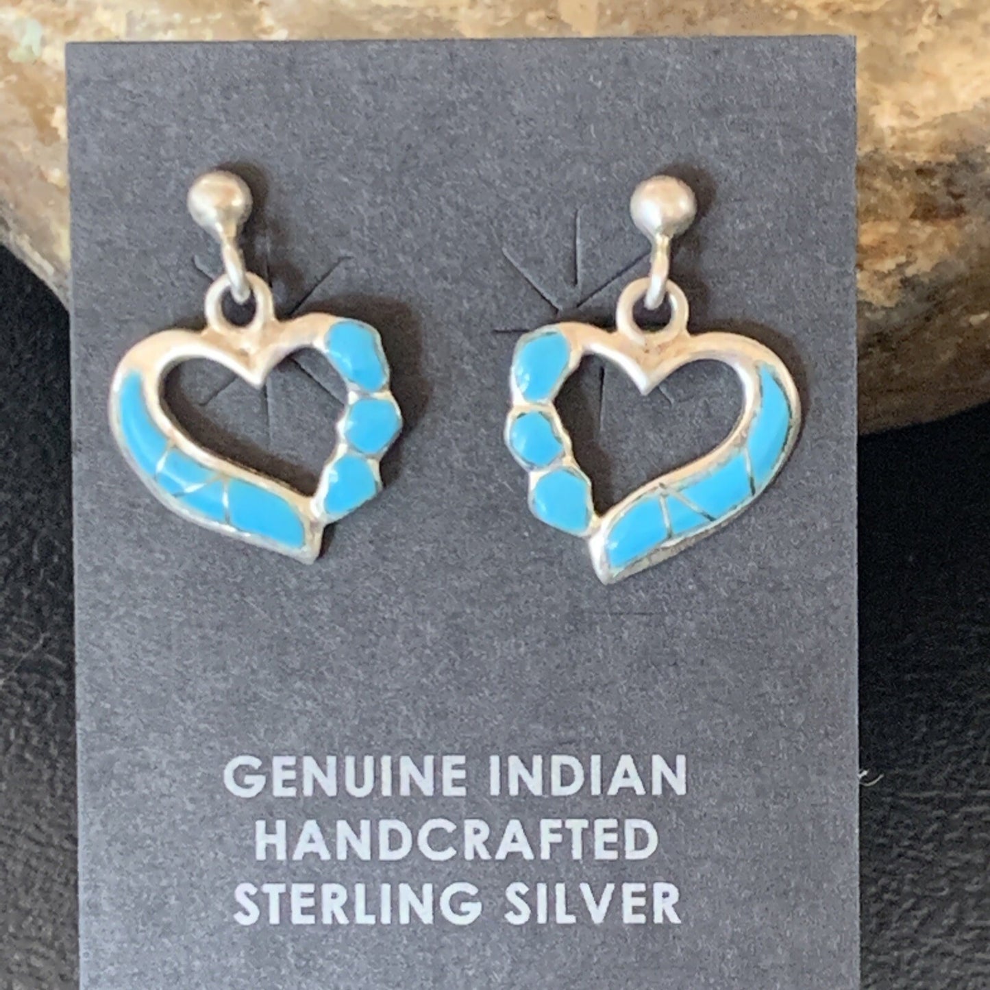 Blue Turquoise Heart Navajo Sterling Silver Dangle Post Earrings 0.5" 12717
