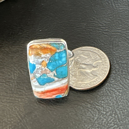 Blue Turquoise Orange Spiny Oyster Navajo Sterling Silver Ring Size 10 18246