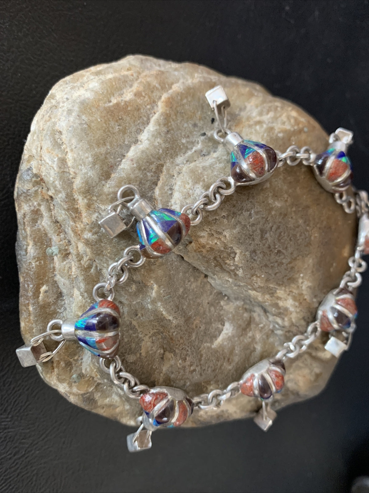 Blue Opal Coral Balloon Navajo Sterling Silver Link Inlay Bracelet 7.5" 12924