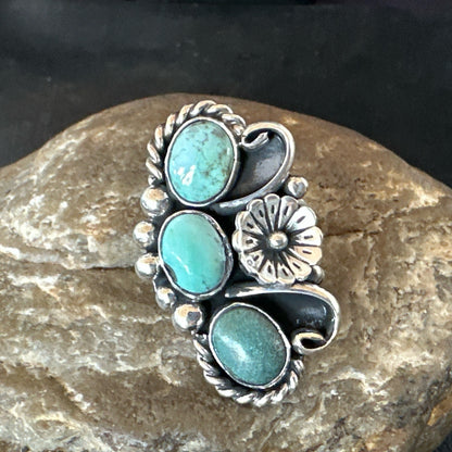 Yazzie Ring Green Turquoise Navajo Sterling Silver Cluster Size 8.5 19233