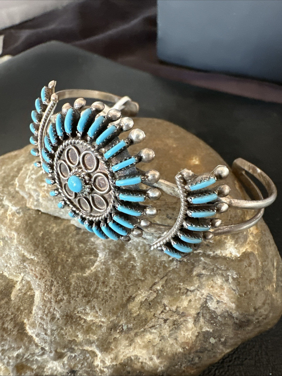 Blue Turquoise Native American Zuni Sterling Silver Cluster Cuff Bracelet 12151