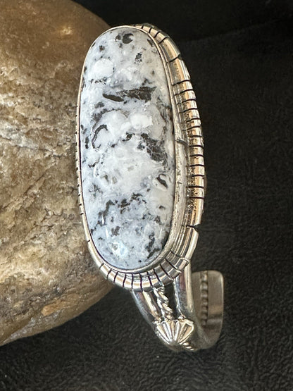 White Buffalo Turquoise Navajo Sterling Silver Cuff Bracelet 7.25" 19393
