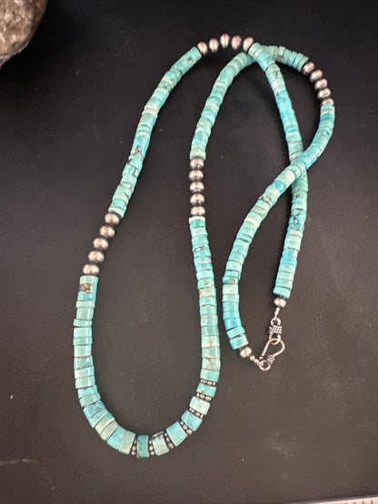 USA Blue Turquoise 21” Heishi Sterling Silver Bead Necklace 15164