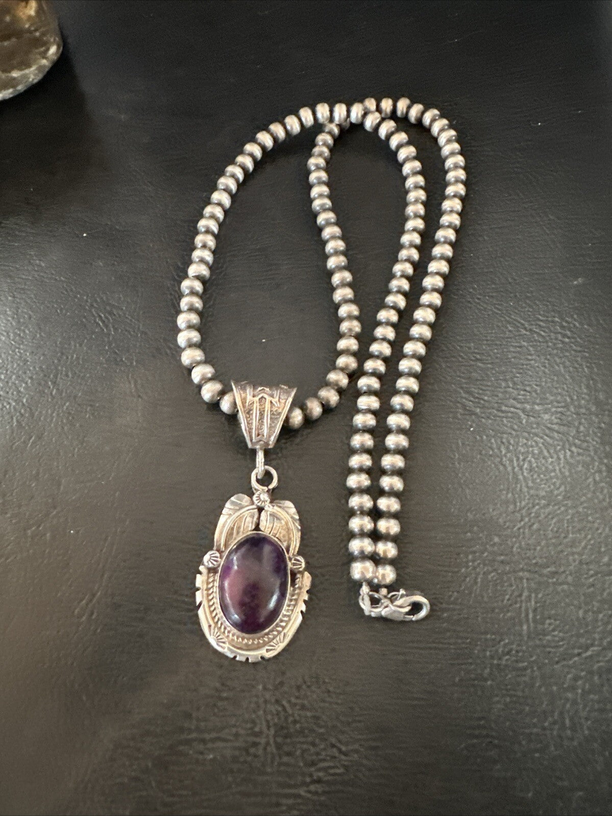Purple Stone Pendant Navajo Pearls Sterling Silver Necklace 20” 18392