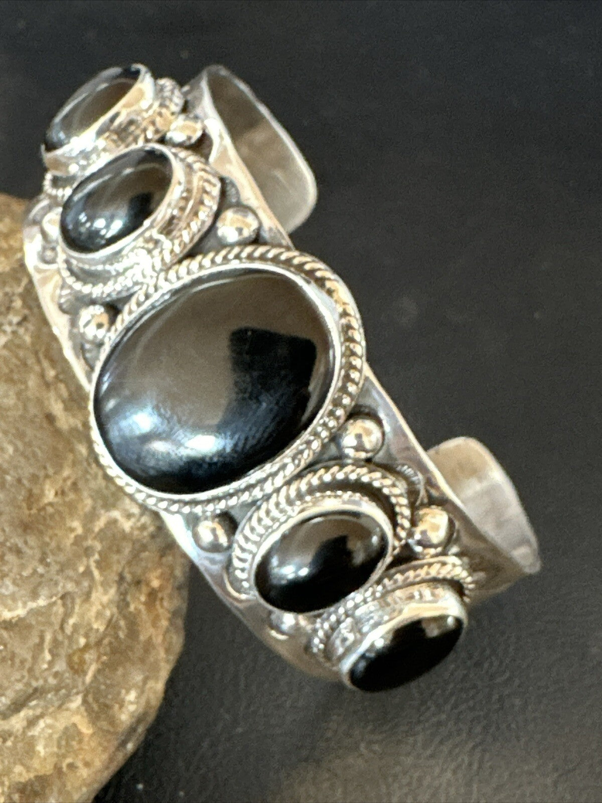 Native Mens Navajo Sterling Silver Black Onyx Cuff Bracelet 5 Stone 18018