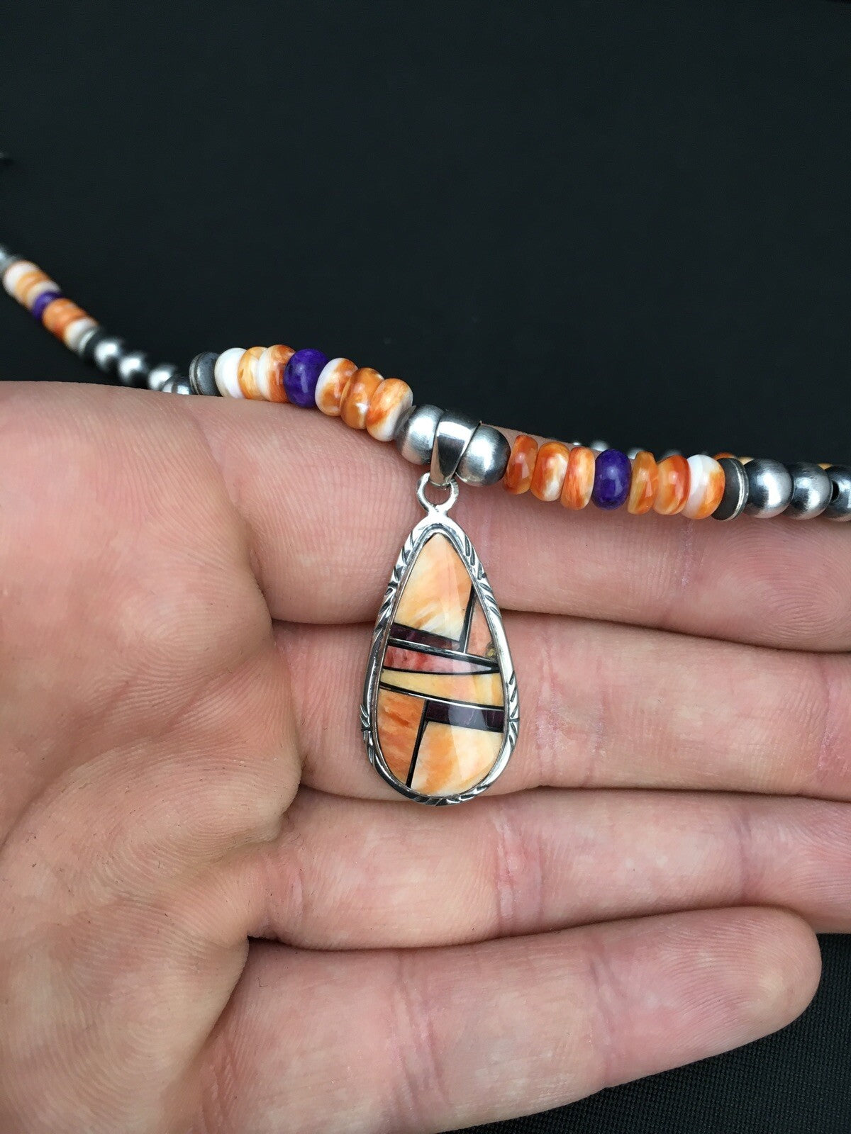 Spiny Oyster Pendant Purple Stone Navajo Pearls Sterling Silver Necklace 4879