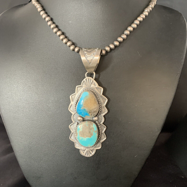Men's Blue Kingman Turquoise 3"Pendant Necklace 20"13997N | Sterling Silver | Authentic Native American Handmade