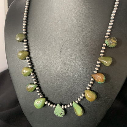 Teardrop Sterling Silver Beads Green Turquoise Necklace 20" 13508