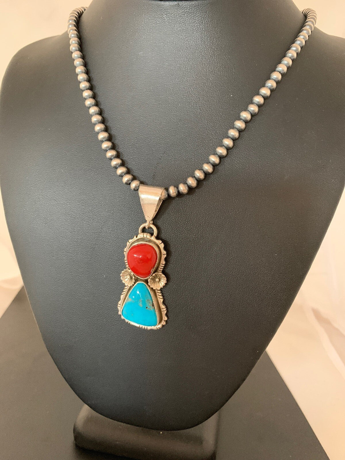 Kingman Turquoise & Coral Pendant Navajo Sterling Silver Necklace 02534