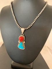 Kingman Turquoise Coral Pendant Navajo Necklace | Sterling Silver | Authentic Native American Handmade | 02534