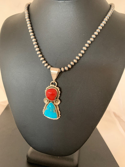 Kingman Turquoise & Coral Pendant Navajo Sterling Silver Necklace 02534