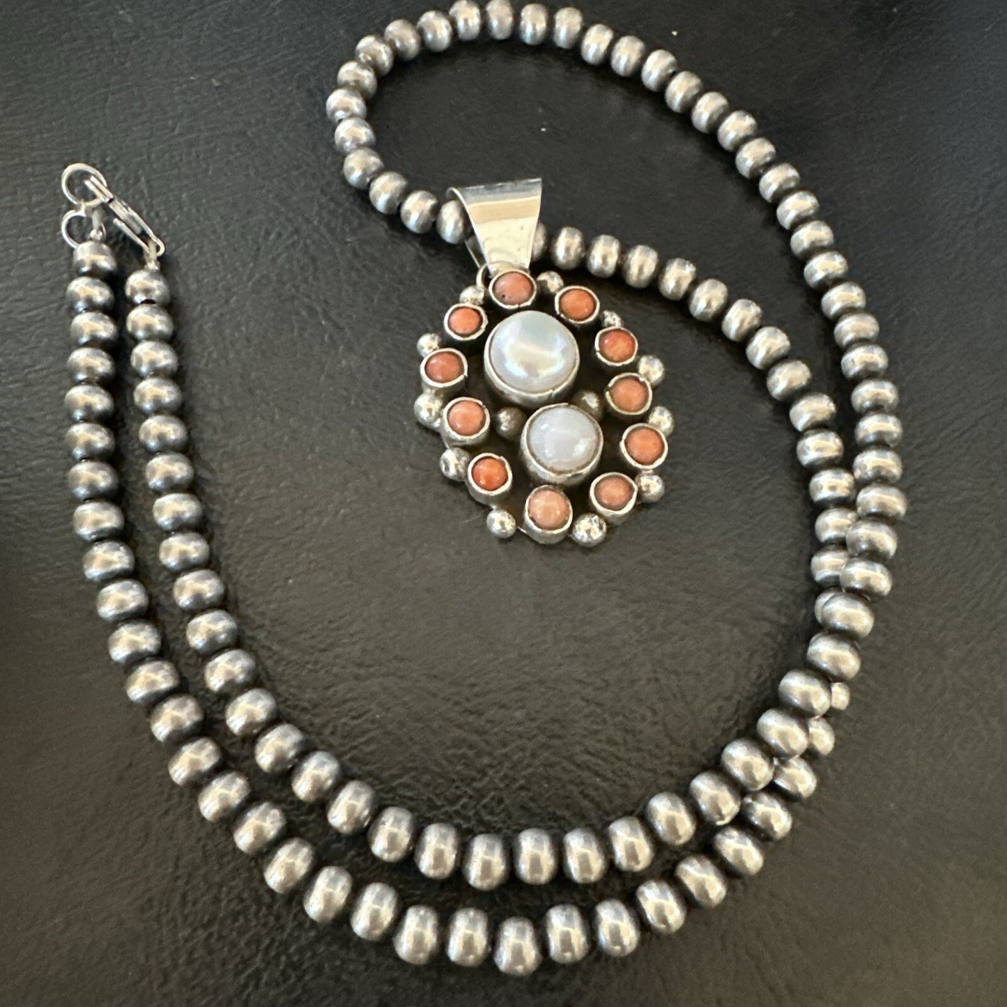Pink Coral White Pearl Navajo Sterling Silver Cluster Pendant 1.5” 18402
