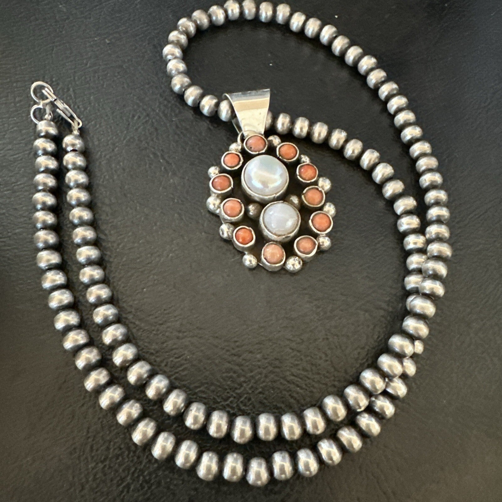 Pink Coral White Pearl Navajo Sterling Silver Cluster Pendant 1.5” 18402
