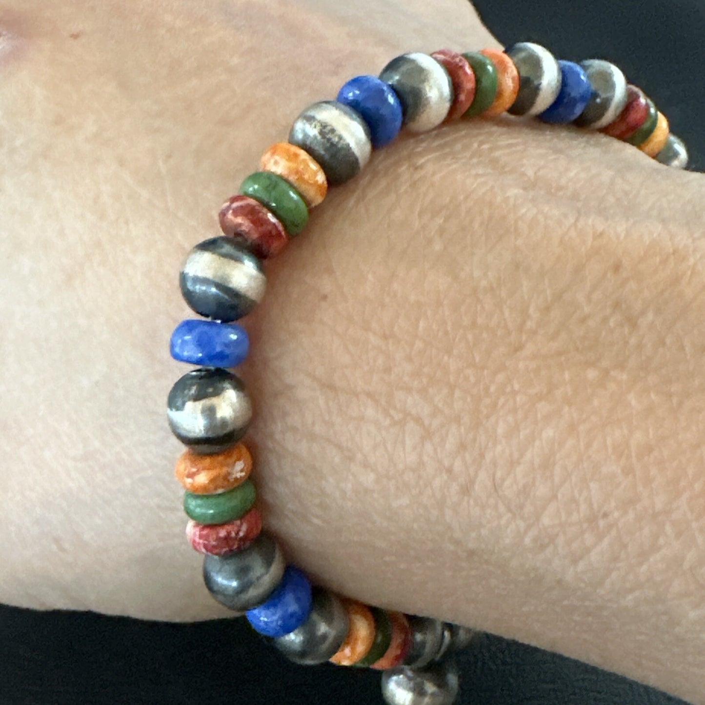 Multicolor Lapis Turquoise Stretch Bead Bracelet Navajo Sterling Silver 17908
