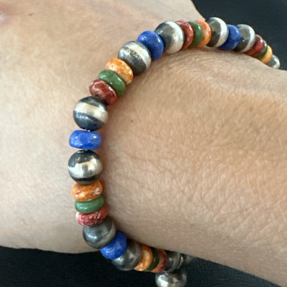 Multicolor Lapis Turquoise Stretch Bead Bracelet Navajo Sterling Silver 17908