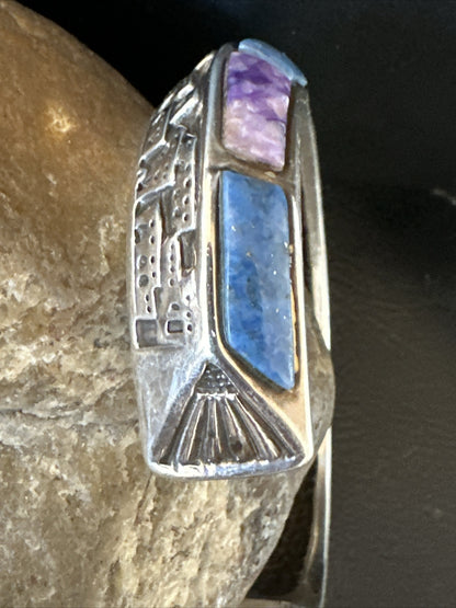 Mens  Purple Stone Lapis Navajo Sterling Silver Tufa Cast Cuff Bracelet 18146