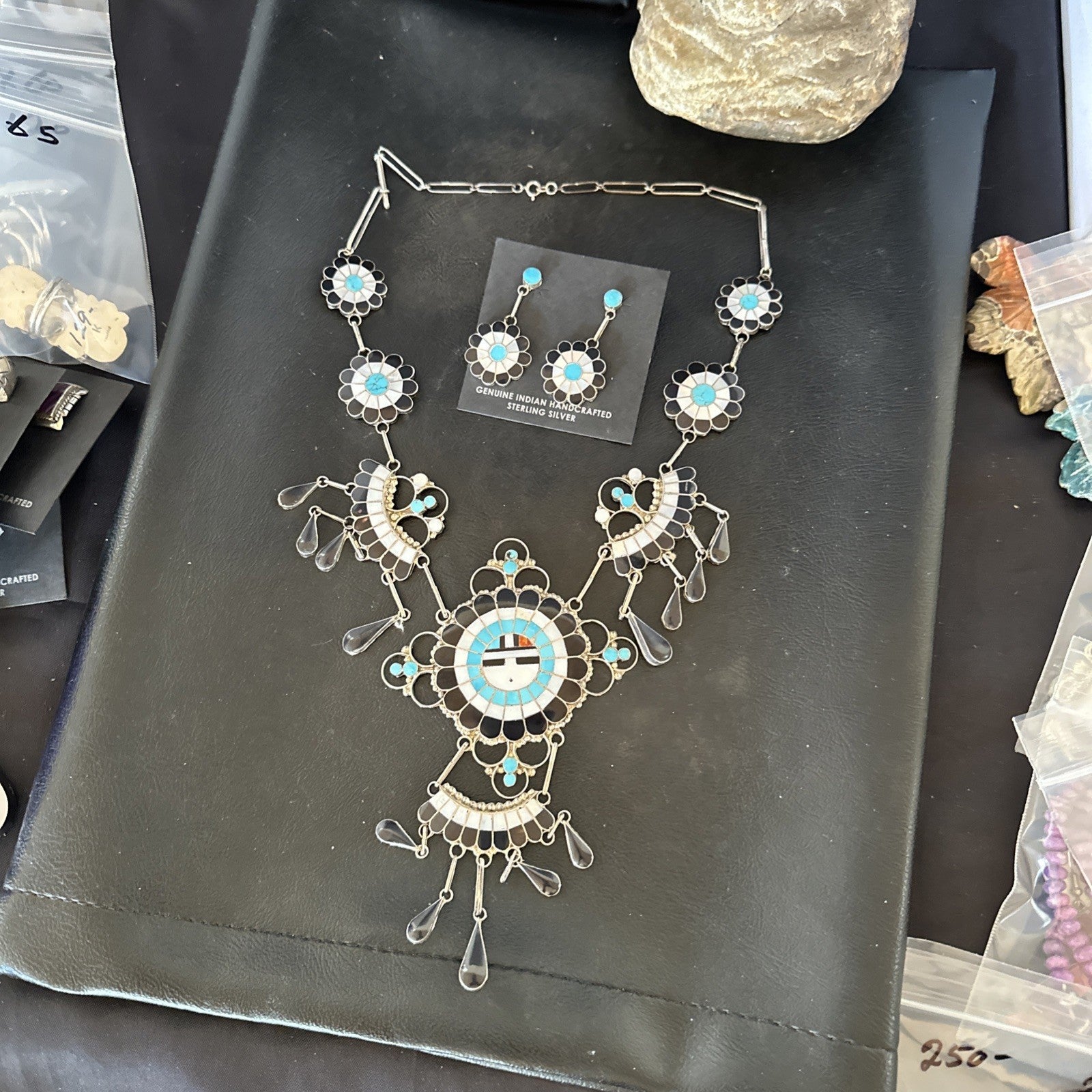 Old Pawn Sunface Turquoise Zuni Sterling Silver Necklace Earrings 19086