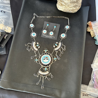 Old Pawn Sunface Turquoise Zuni Sterling Silver Necklace Earrings 19086