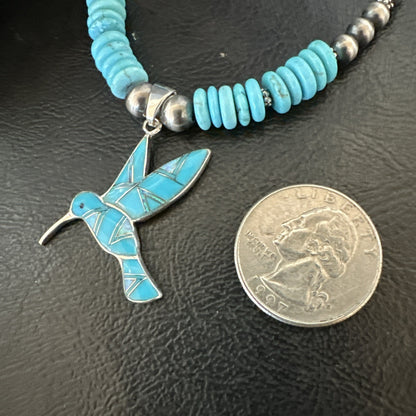 Blue Turquoise Opal HummingBird Inlay Pendant Navajo Sterling Necklace 19500