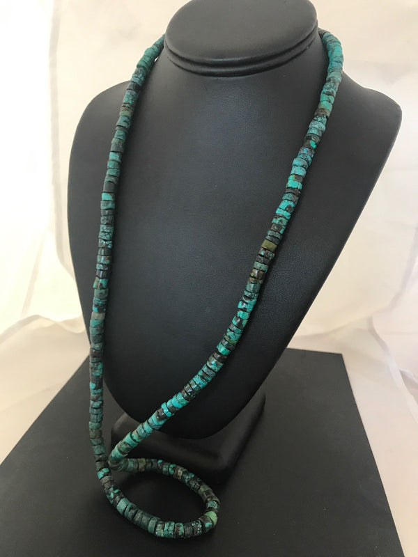 Turquoise Heishi Bead 7mm Navajo Necklace | Sterling Silver | Authentic Native American Handmade | 3725