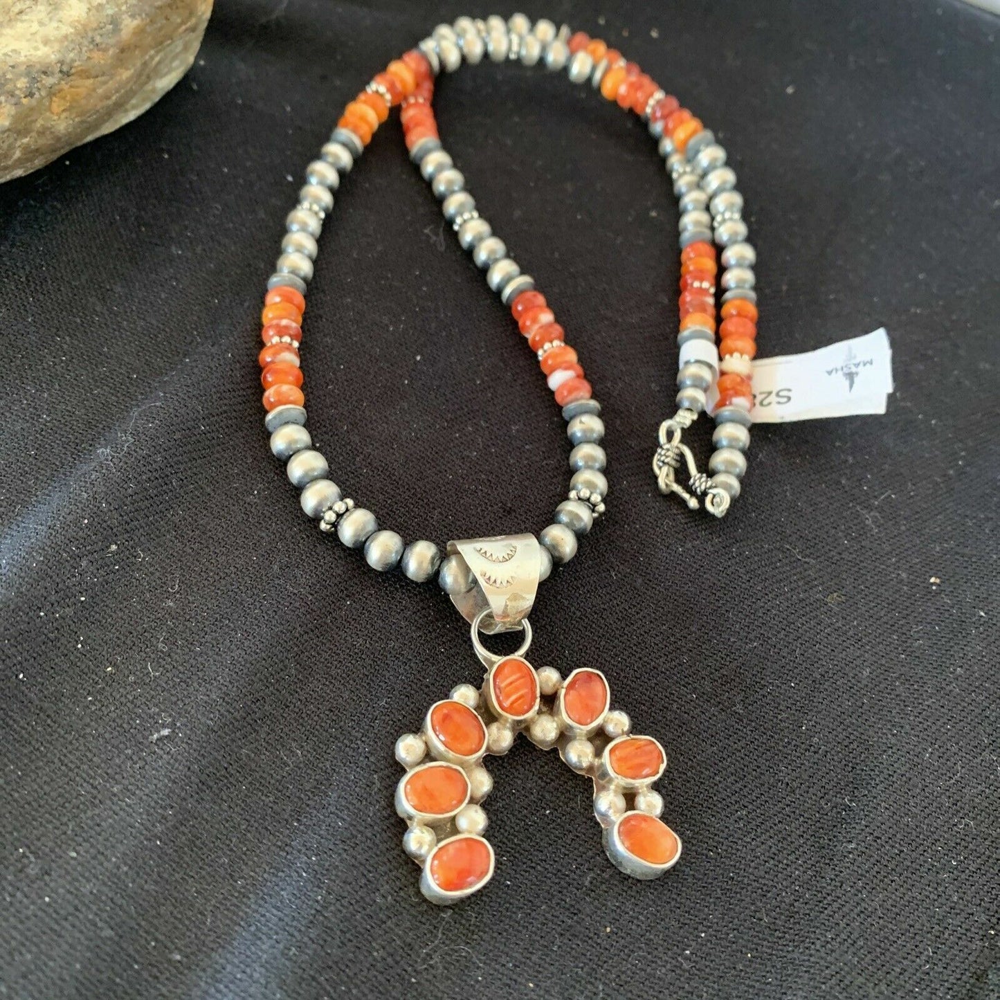 Spiny Oyster Cluster Naja Pendant Navajo Pearls Sterling Silver Necklace 00283