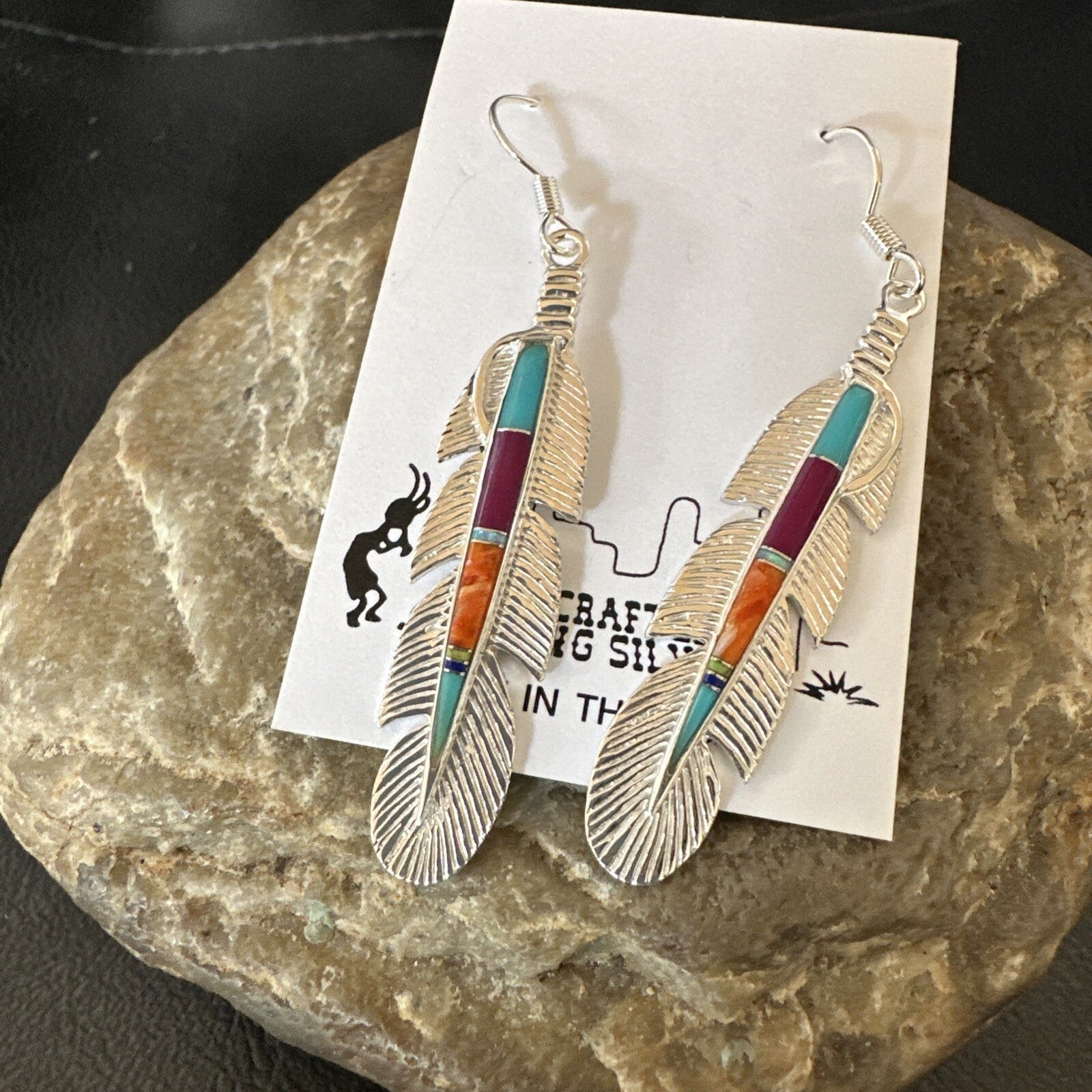 Multicolor Turquoise Sterling Silver Handmade Inlay Feather Earrings 18698