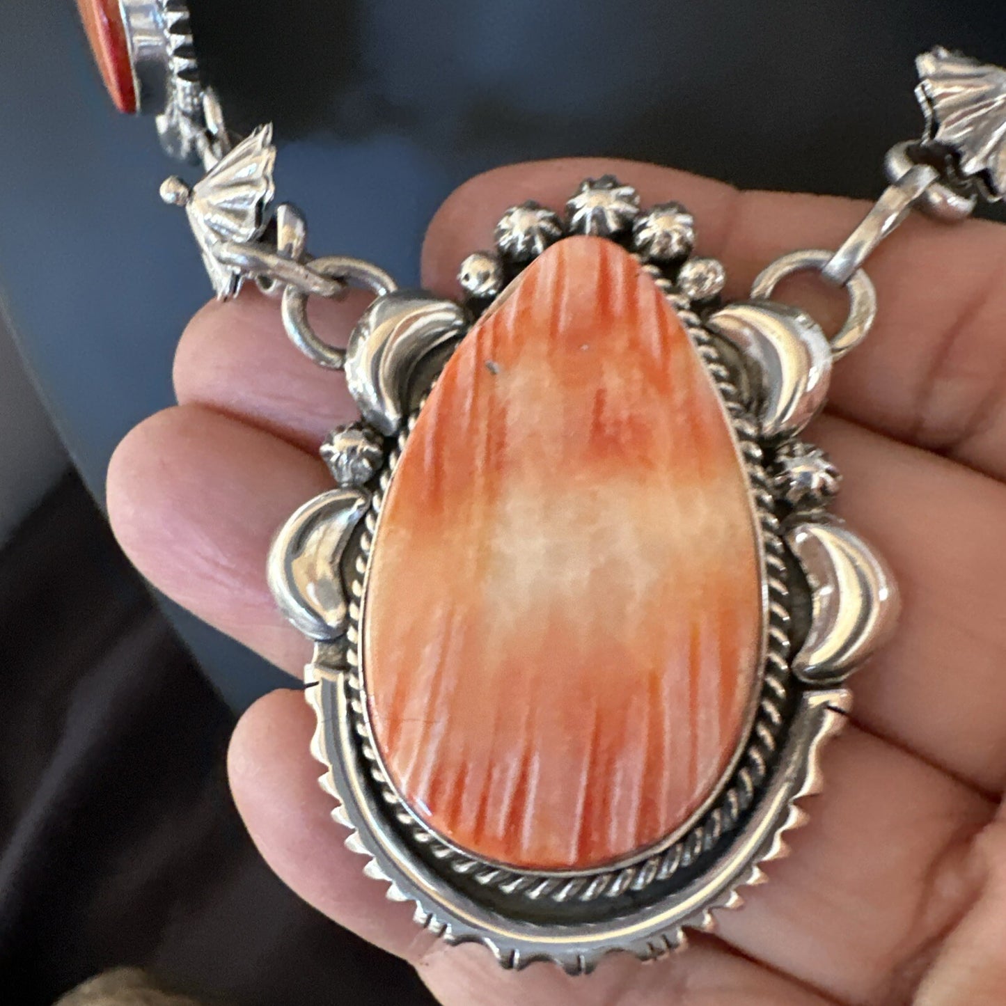 Orange Spiny Oyster Pendant Navajo Sterling Silver Lariat Necklace 21" 18628