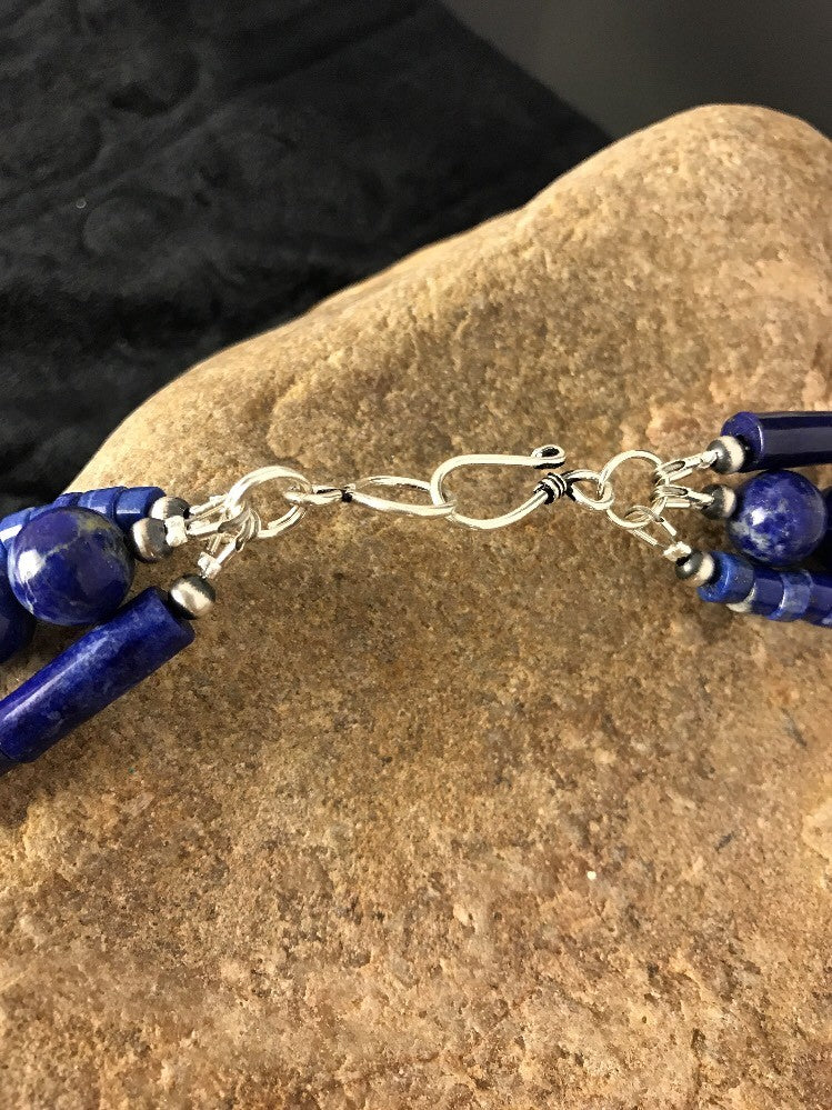 Denim Lapis 3 Strands Navajo Sterling Silver Necklace 22" 03666