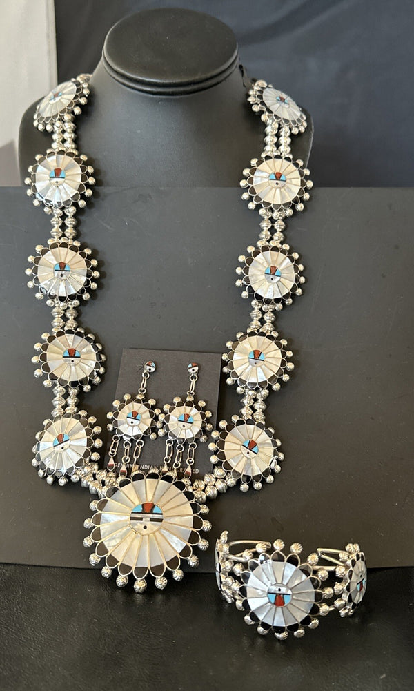 Sunface Onyx Turquoise MOP Zuni Squash Necklace Bracelet | Sterling Silver | Authentic Native American Handmade | 18148
