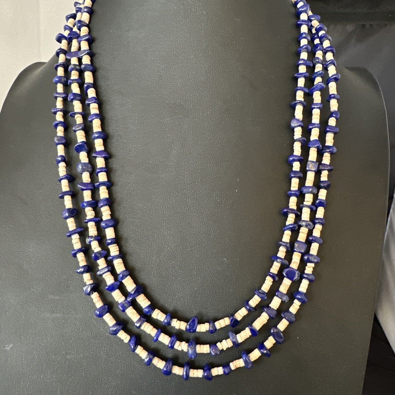 Blue Lapis Lazuli Tan Shell 3 Strand Navajo Sterling Silver Necklace 21” 19703