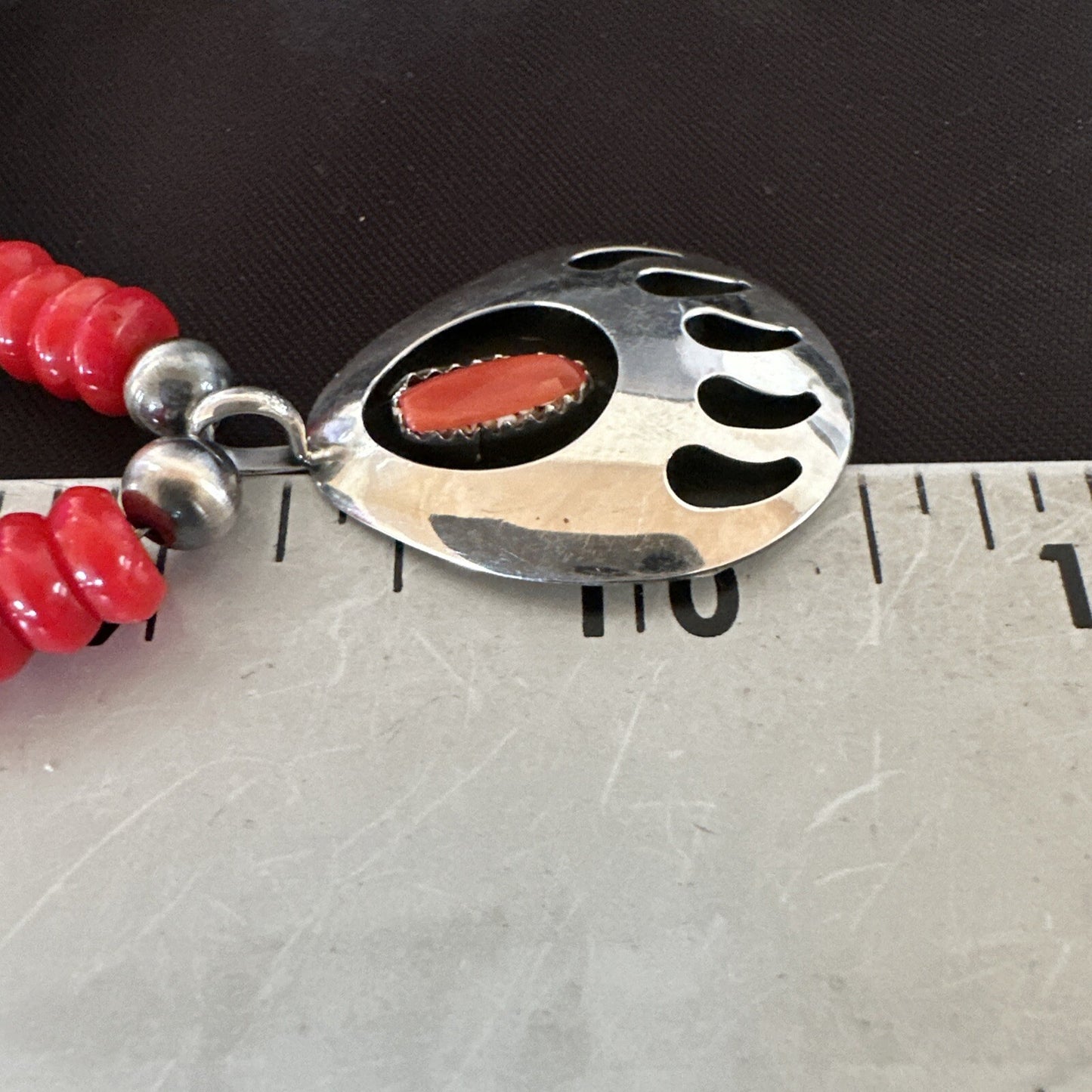 Mens Red Coral BearPaw Pendant Navajo Pearls Sterling Silver Necklace 17883