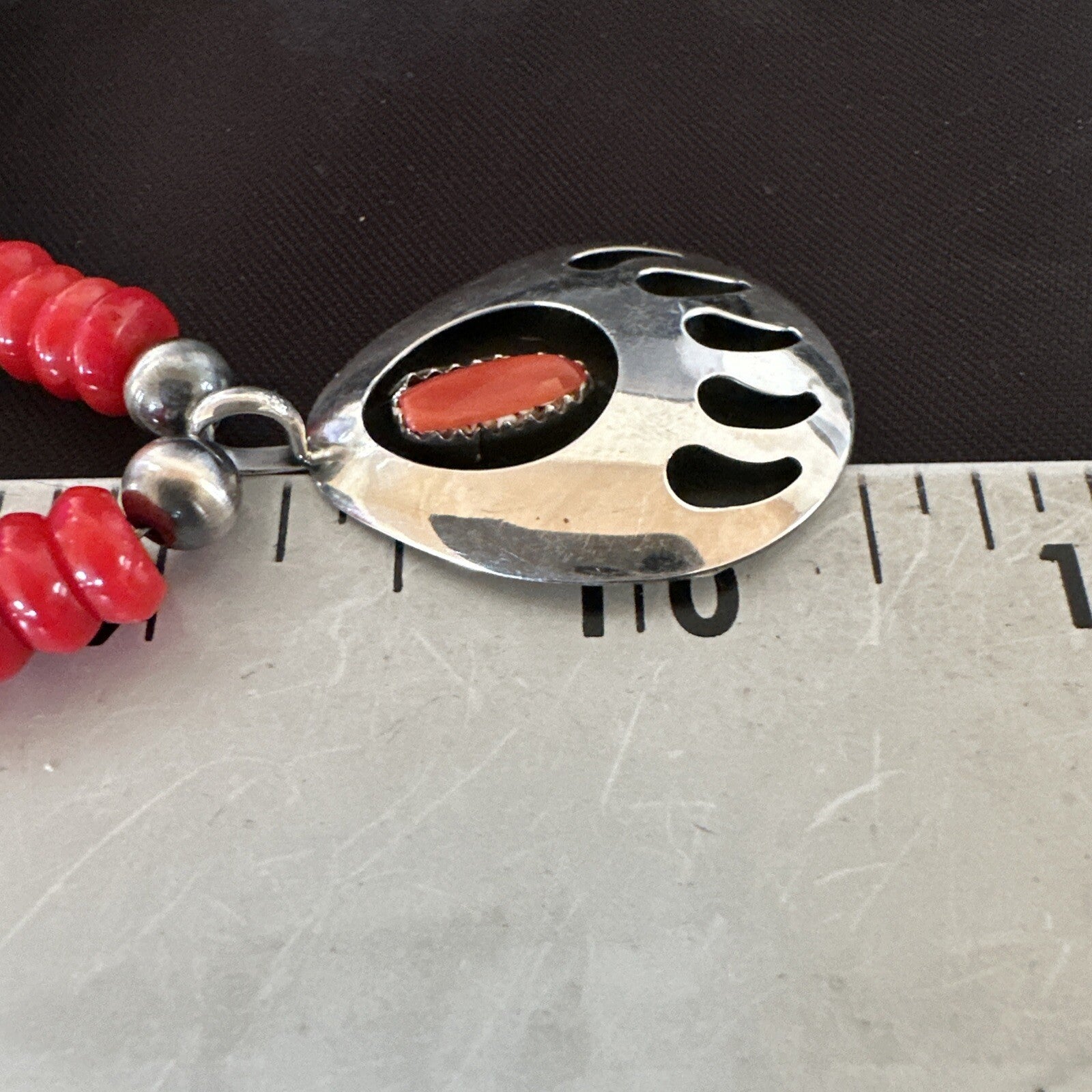 Mens Red Coral BearPaw Pendant Navajo Pearls Sterling Silver Necklace 17883