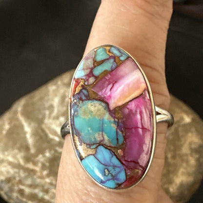 Blue Turquoise Spiny Oyster Southwestern Sterling Silver Ring Size 11 18456
