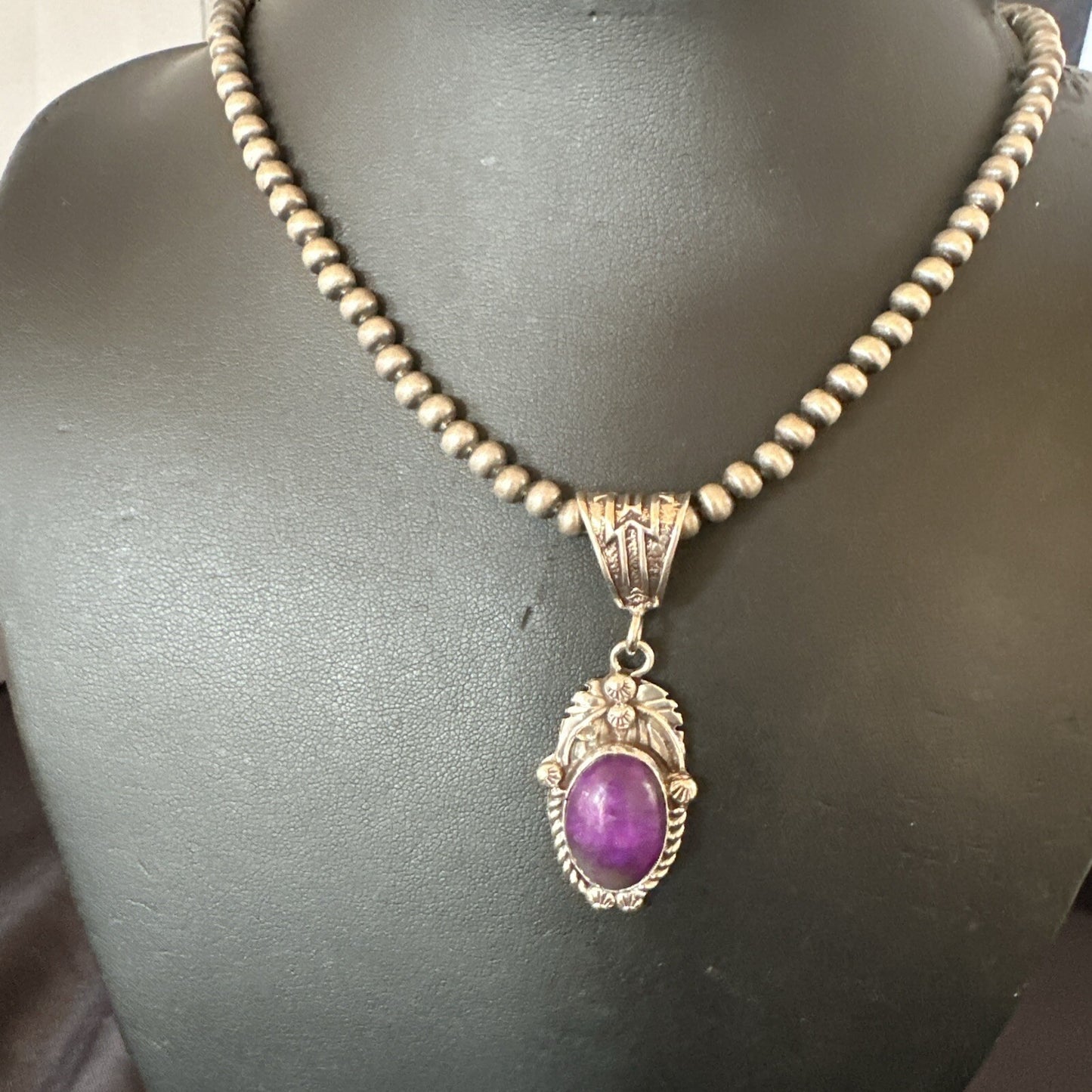Purple Stone Pendant Sterling Silver Beads Necklace 20” 18048