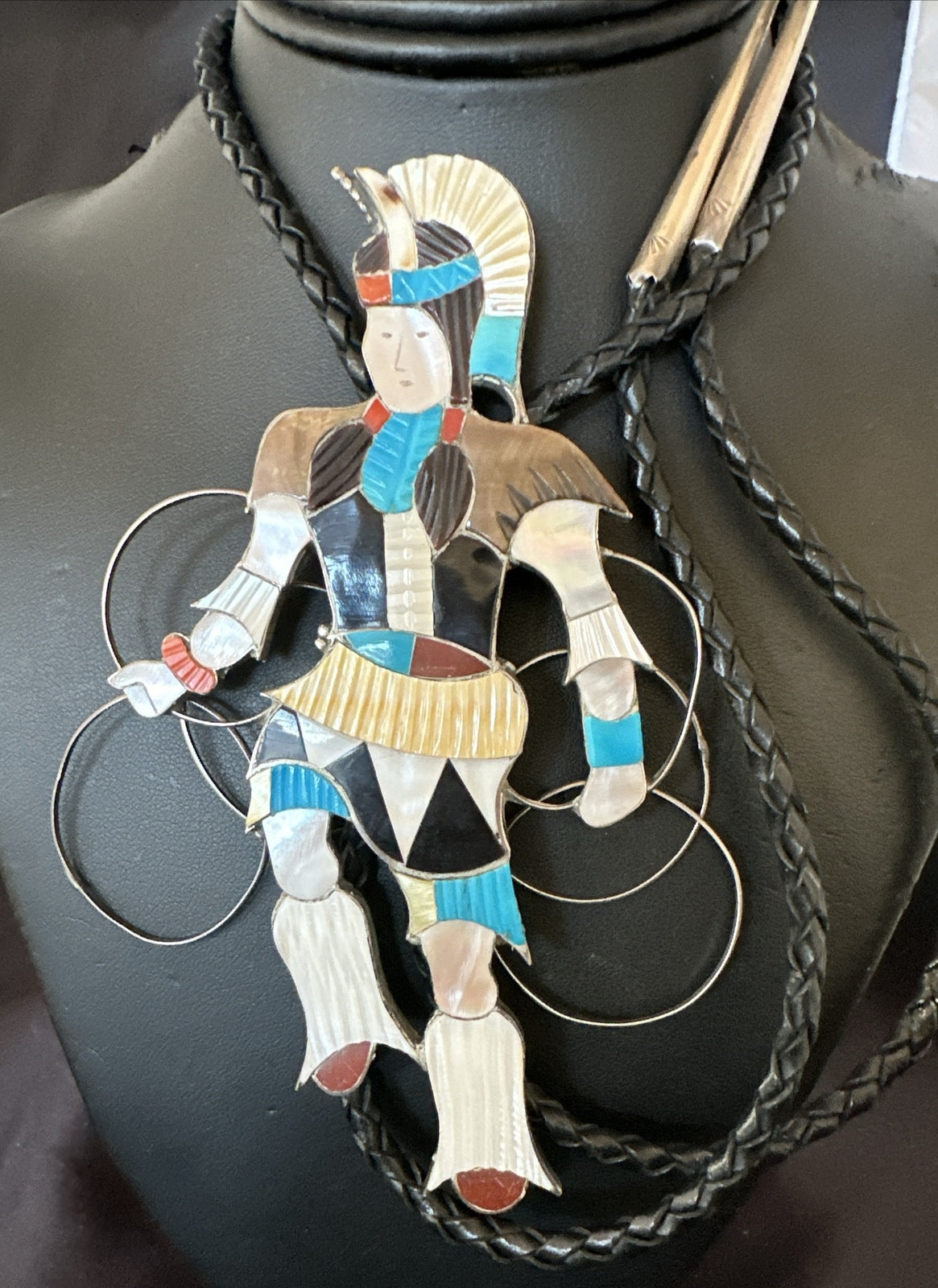 Men Bolo Tie Zuni Hoop Dancer Blue Turquoise Onyx Inlay Sterling Silver 18147