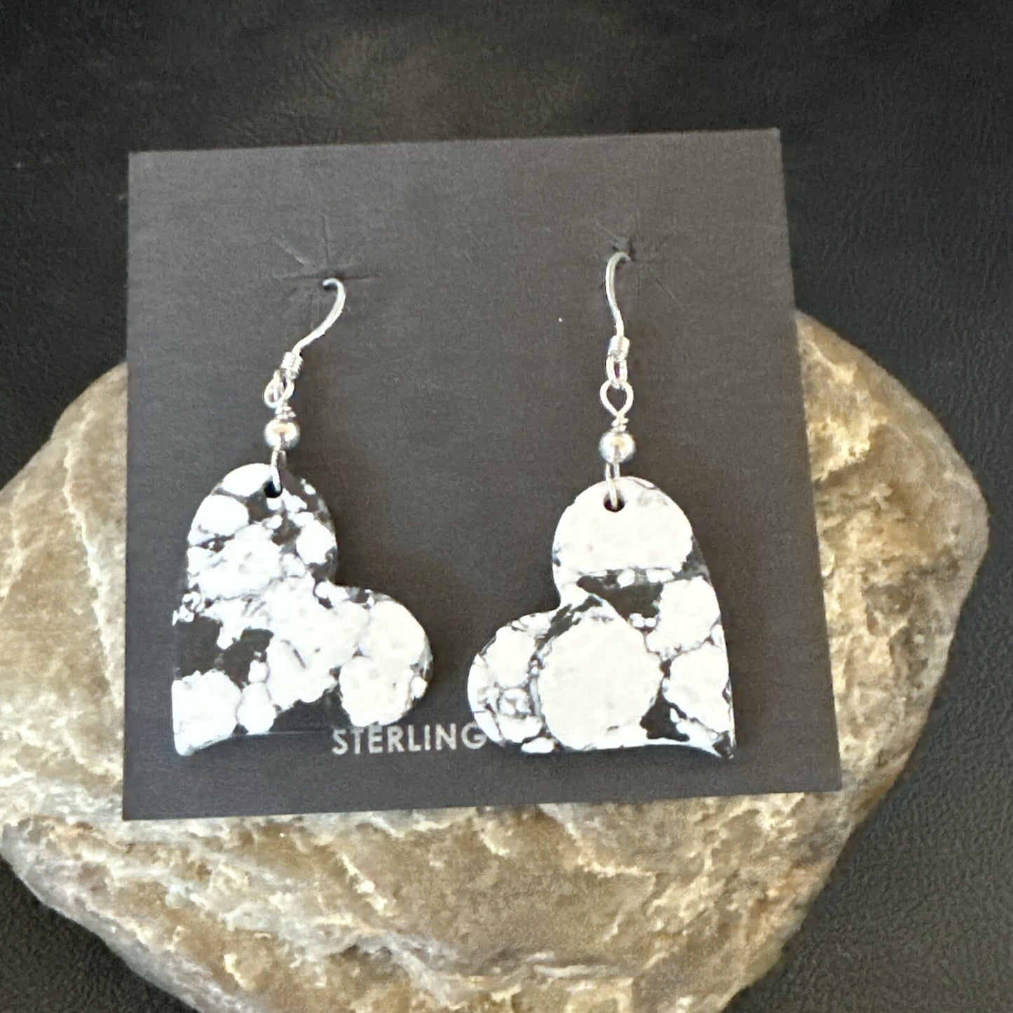 Heart Navajo Slab White Buffalo Turquoise Sterling Silver Earrings 17879