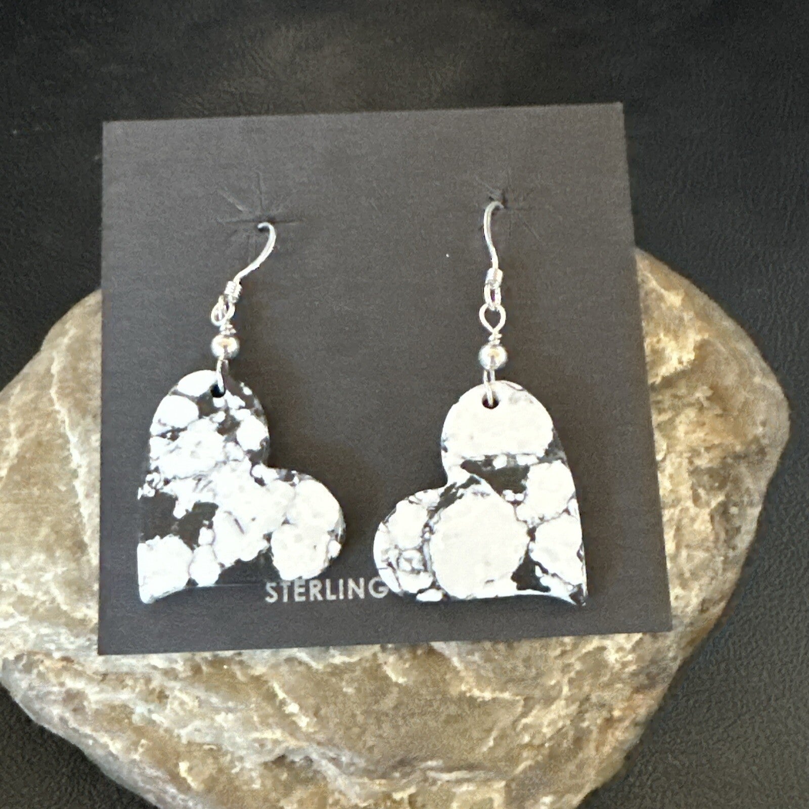 Heart Navajo Slab White Buffalo Turquoise Sterling Silver Earrings 17879