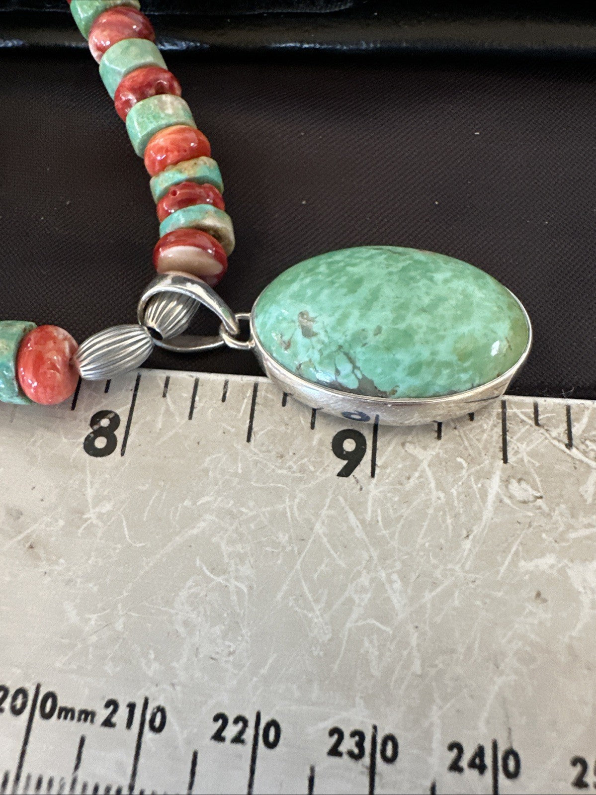 Green Turquoise Pendant Spiny Navajo Sterling Silver Heishi Necklace 21" 19204