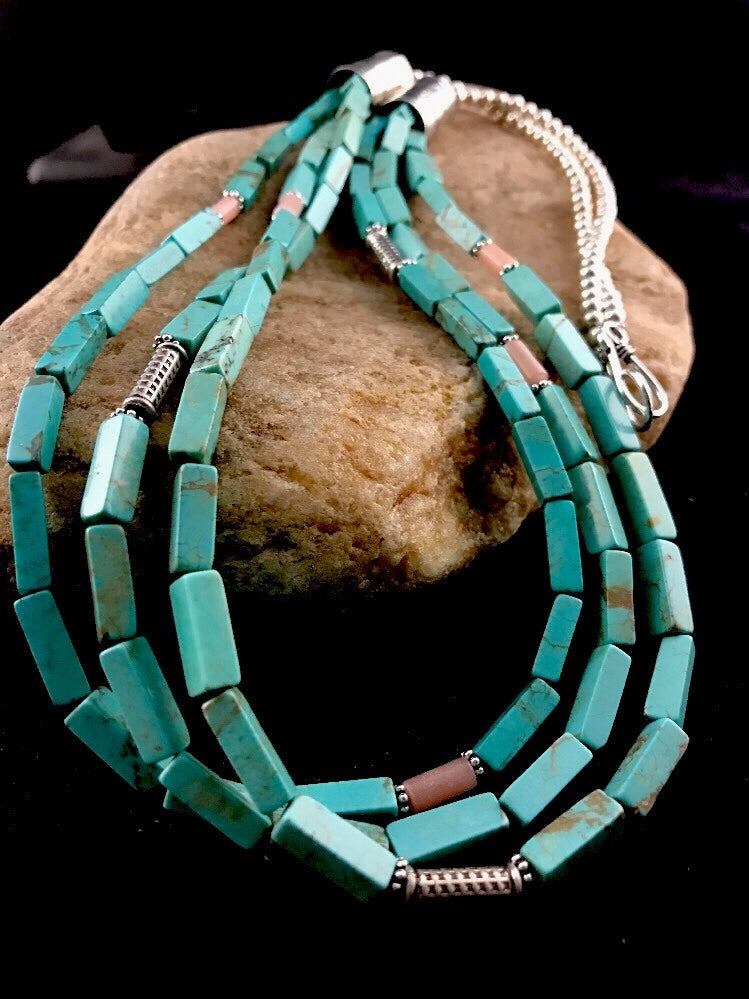Navajo 3S Stabilized Blue Turquoise Pink Opal Bead Sterling Silver Necklace1201