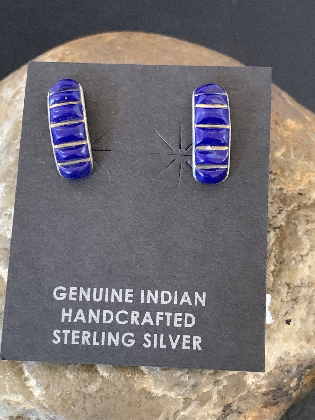 Blue Lapis Sterling Silver Multi-Stone Post Stud Inlay Earrings 0.5" 12708