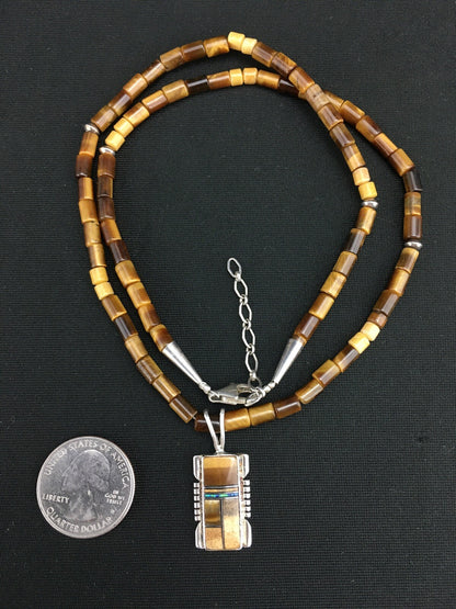 Native Tiger's Eye Inlay Pendant Navajo Sterling Silver 21" Necklace 4895