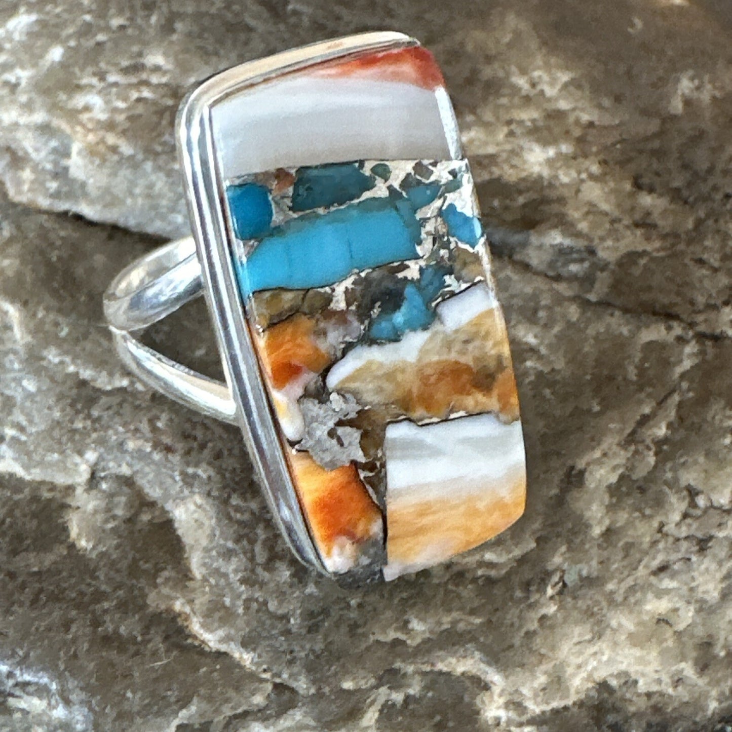 Blue Turquoise Spiny Oyster Navajo Sterling Silver Ring Size 7 18225