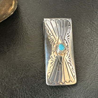 Mens Blue Turquoise Navajo Credit Card Holder Stamped Silver Money Clip 19734