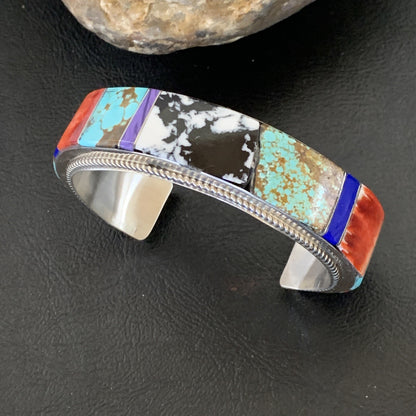 Mens White Turquoise Spiny & Lapis Navajo Sterling Silver Inlay Bracelet 12237