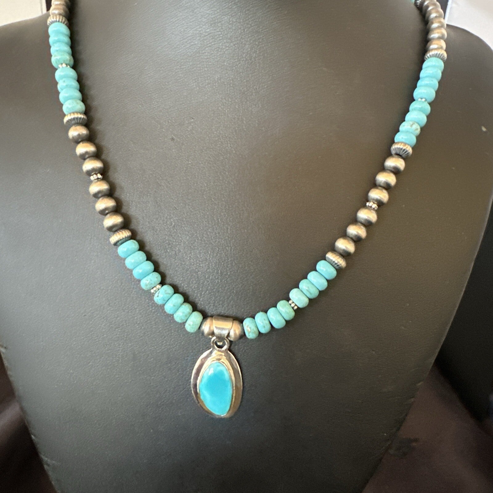 WoMens Blue Kingman Turquoise Pendant Navajo Sterling Silver Necklace 21" 18416