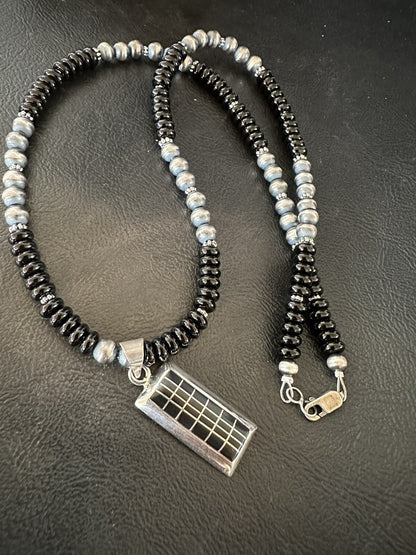 Mens Womens Black Onyx Pendant Navajo Sterling Silver Beads Necklace 18332