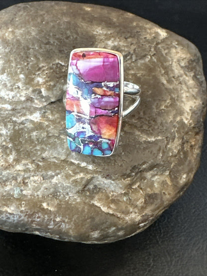Blue Turquoise Spiny Oyster Southwestern Sterling Silver Ring Size 9 18466