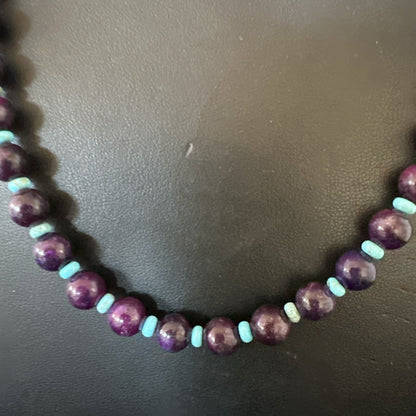 Purple Stone Blue Turquoise Bead Navajo Sterling Silver Necklace 18” 17788