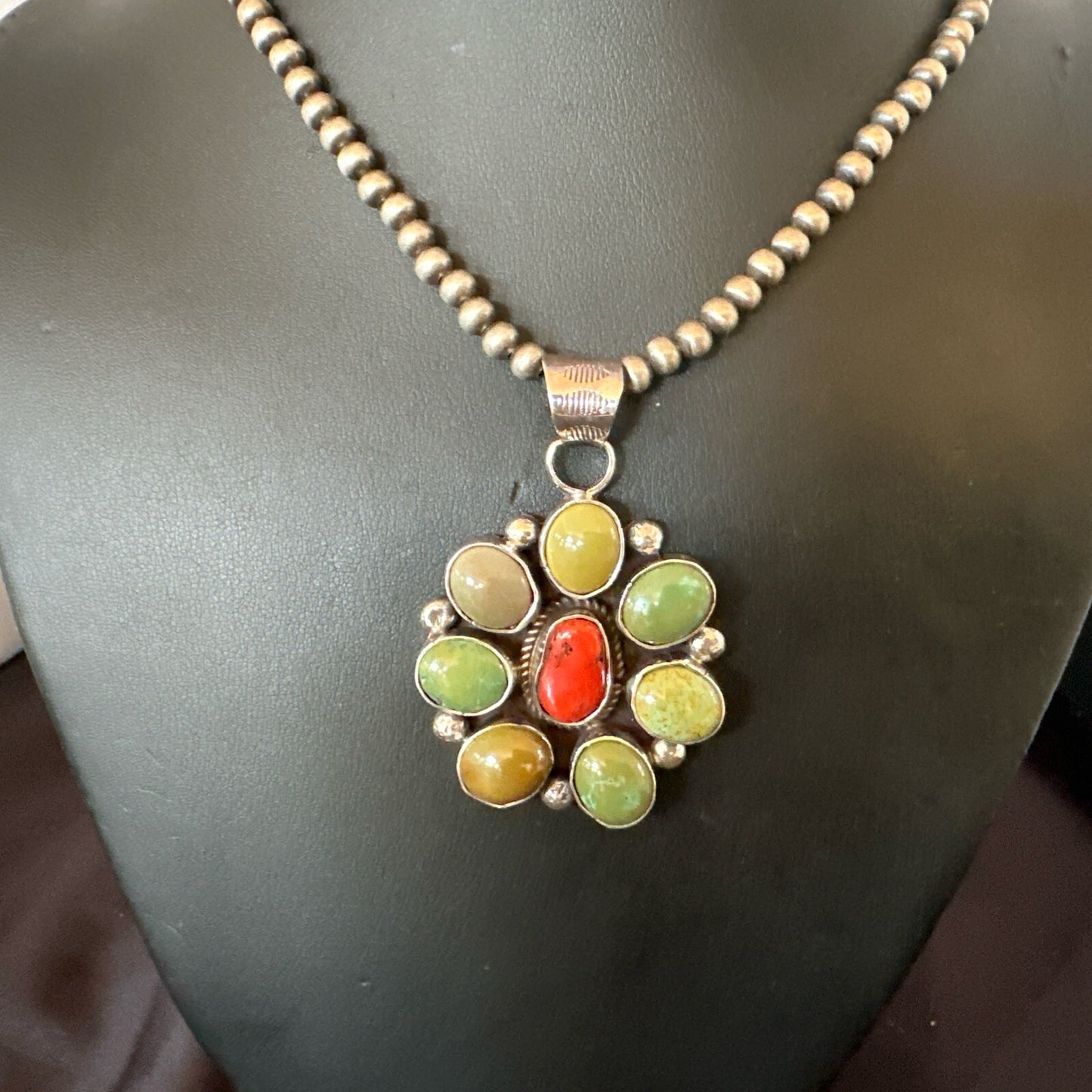 Navajo Sterling Cluster Red Turquoise Pendant Necklace 17712