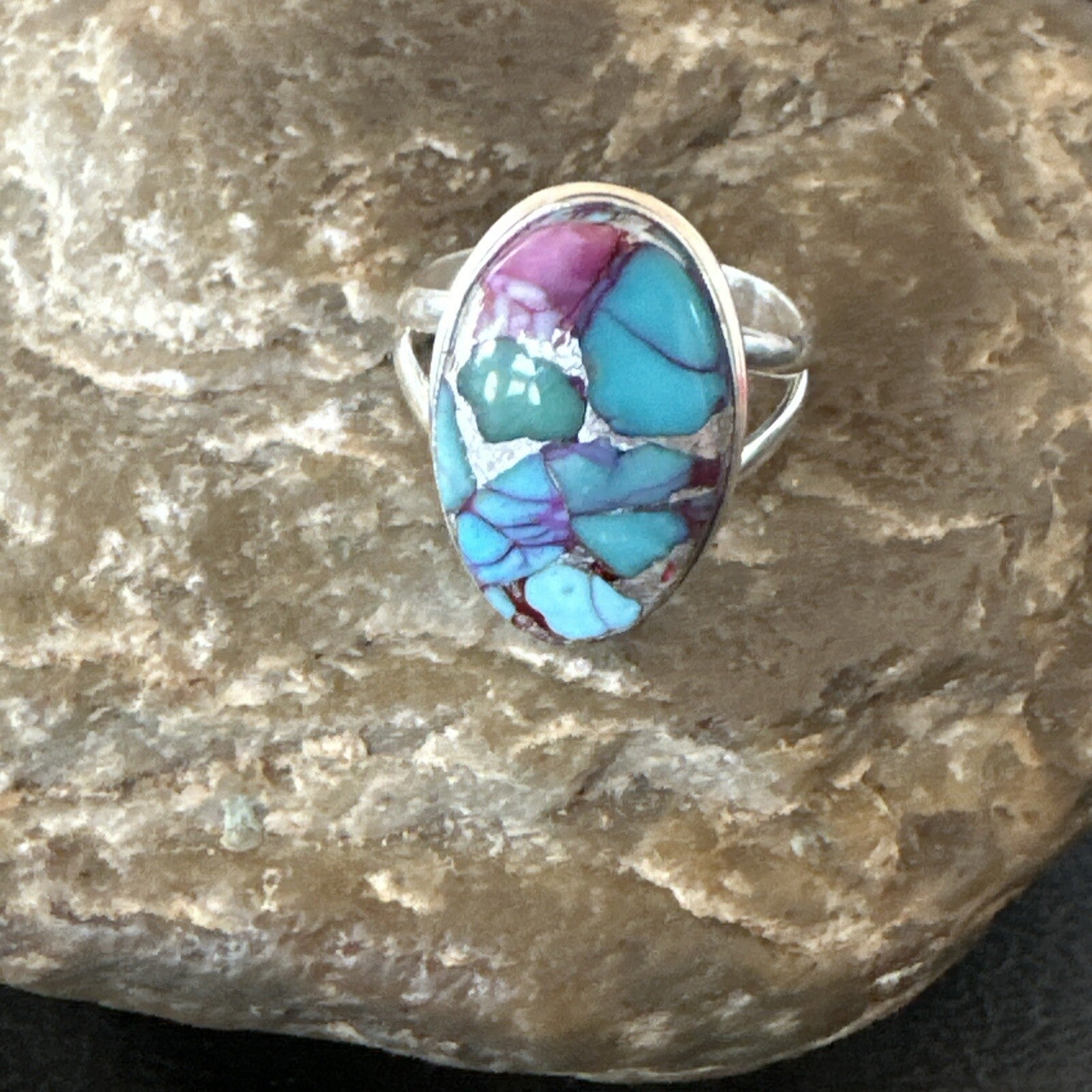 Blue Turquoise Spiny Oyster Southwestern Sterling Silver Ring Size 9 18462